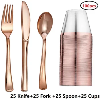 

25pcs Wedding Party Disposable Tableware set Rose Gold Rim Plastic Drink Cups Tumbers Knifes Forks Spoons Restaurant Decoration