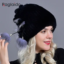 natural fur hat women's winter rex rabbit fox fur pompom beanie hat furry cap fashionable fluffy genuine real fur knitted caps