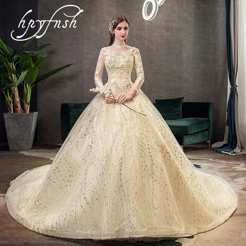 

High Neck Wedding Dress Light Champagne 100 cm train Good Applique sexy Back Sleeveless Backless Bridal Dress Vestido De Noiva 6