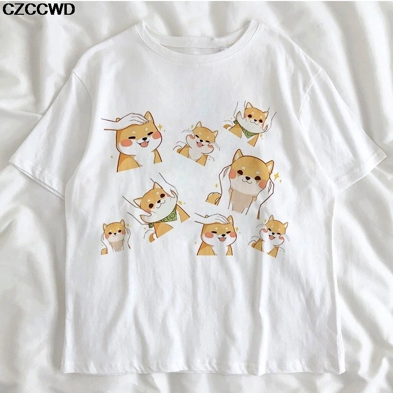 Funny Kawaii Cute Shiba Inu Dog T-shirt Women Gift Print Pink T-shirt Summer Loose Harajuku T Shirt Streetwear Clothes Tops Tees