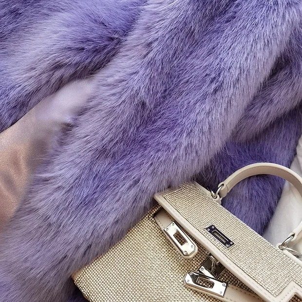 Women Purple Shaggy Faux Fox Fur Long Sleeve Jacket Coat