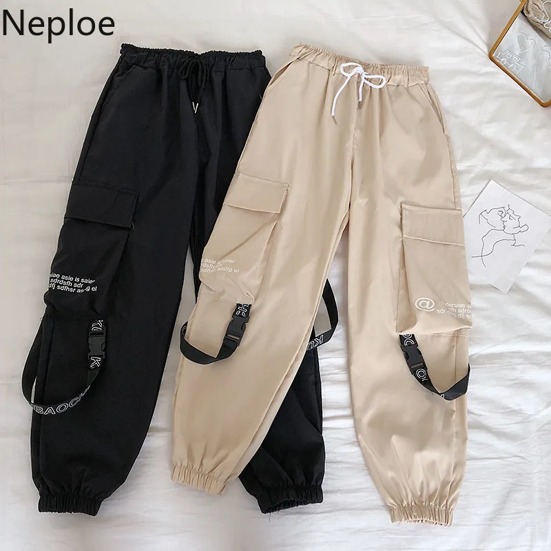

Neploe Hip Hop Streetwear Women Cargo Pants High Waist Pockets Ribbon Trousers Female Loose All Match 2019 New Fashion 90230