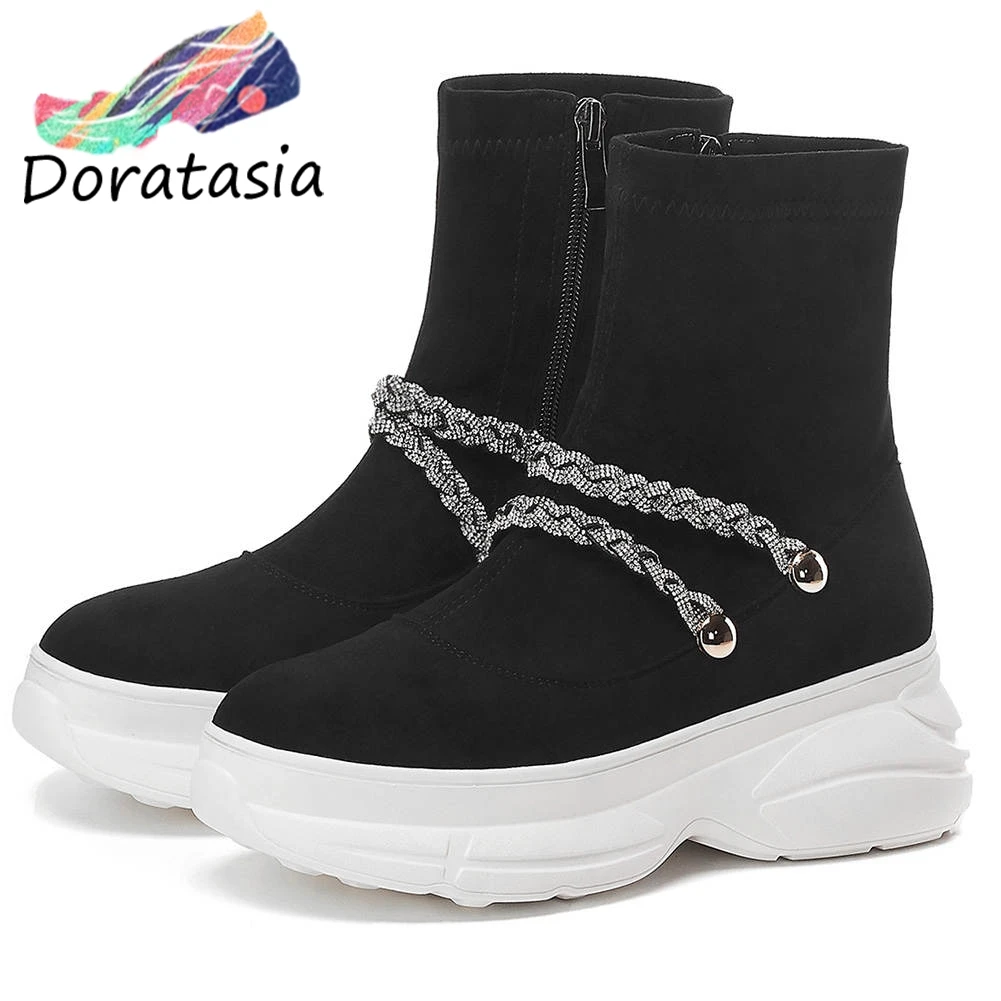 

DORATASIA Brand Decorating Platform Booties Ladies Genuine Leather Suede Ankle Stretch Boots Women 2019 Wedges Shoes Woman