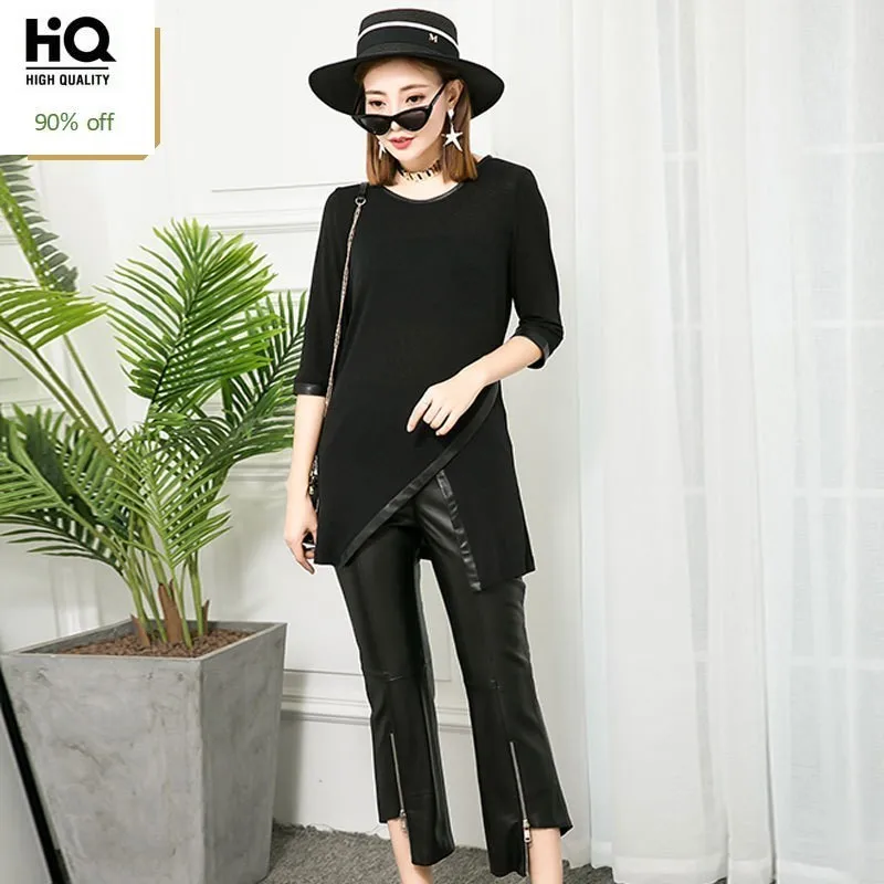Mode Vrouwen Set Half Mouw Lange T-shirt + Onregelmatige Real Lederen Broek 2 Delige Set Hoge Kwaliteit Zwarte Slanke womens Lente Pak Mode Vrouwen Set Half Mouw Lange T-shirt + Onregelmatige Real Lederen Broek 2 Delige Set Hoge Kwaliteit Zwarte Slanke womens Lente Pak