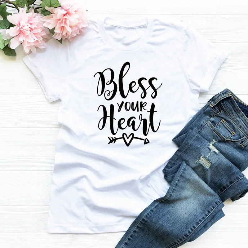 

Bless Your Heart Arrow Print T-shirt Vintage Women Graphic Slogan Tshirt Unisex High Quality O-Neck Catholic Christian Tees Tops