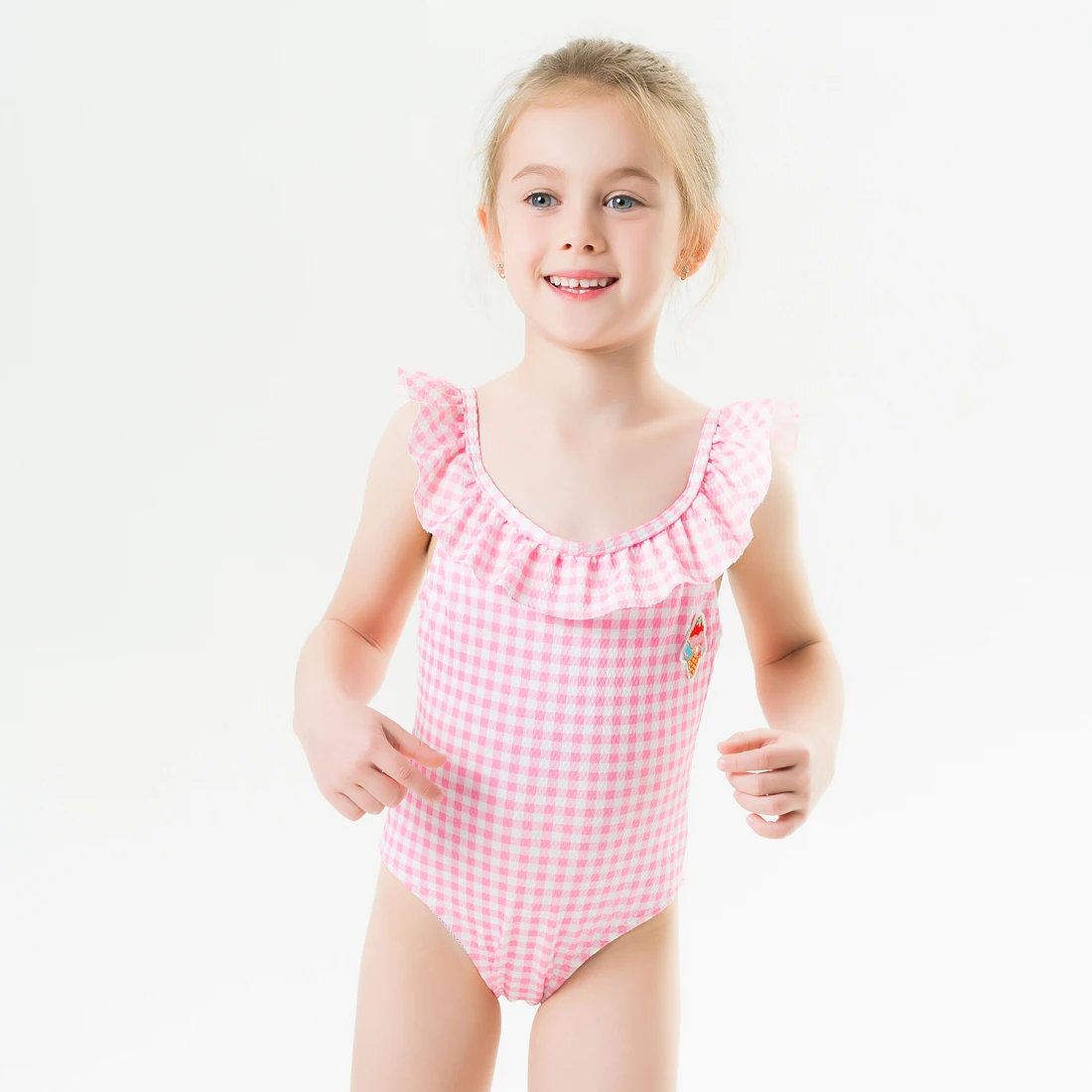 

2020 New Baby Girl Swimsuit One Piece Swimwear Classic Style Bodysuit Pink Geometric Swimsuit for Girl Ice-cream Bathing Suit