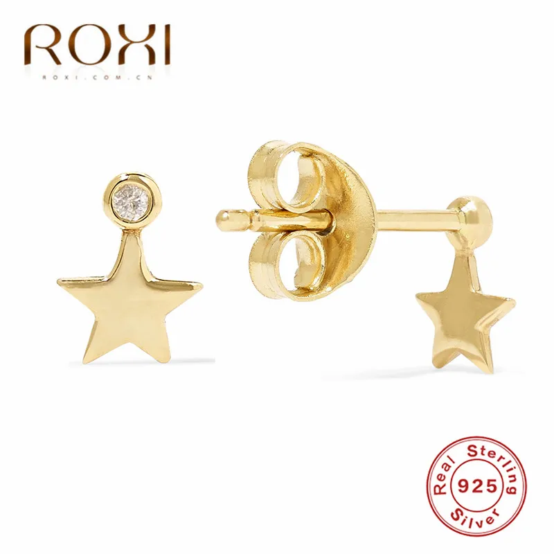 Золотой цвет ROXI 925 пробы серебряные серьги Простые Модные ювелирные изделия ослепительные CZ звезды маленькие серьги-гвоздики для женщин золотые серьги корейский подарок - Окраска металла: Золотой цвет