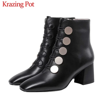 

Krazing Pot new full grain leather metal button decorations high heels square toe side zip winter solid fashion ankle boots L61