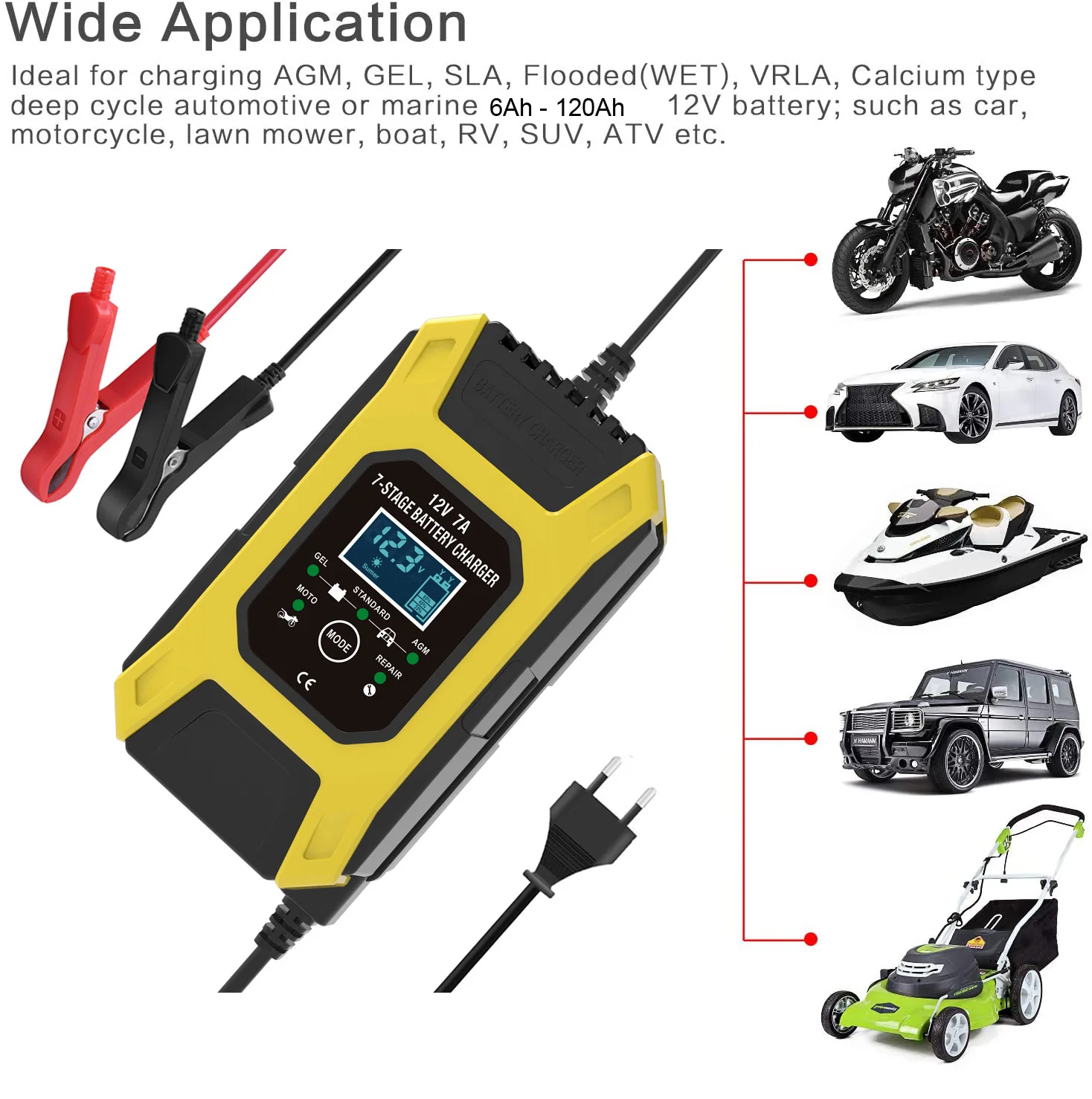 Yoyaxi 12V 7A 7-Stufen-Batterieladegerät, Blei-GEL-STD-AGM-Auto-Motorrad  Batterie-Ladegerät