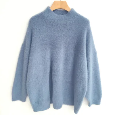 Для женщин ленивый ветер полувысокий воротник свитер для осень-зима свободные мягкие средне-длинная разрез норки Пушистый свитер для женщин - Цвет: blue