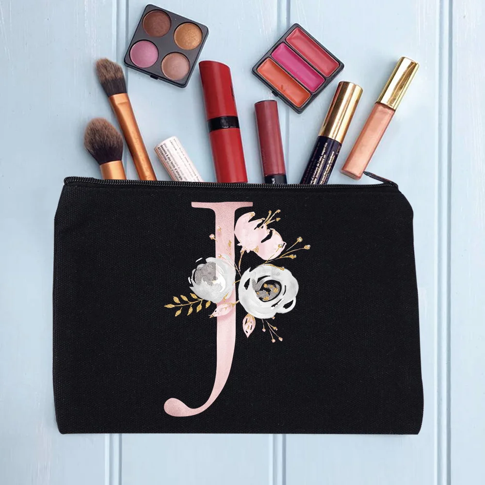 Women's Cosmetic Makeup Bags Female Organizer Pink Flower 26 Letters School Pencil Cases Carrying Bag for Coin Purse