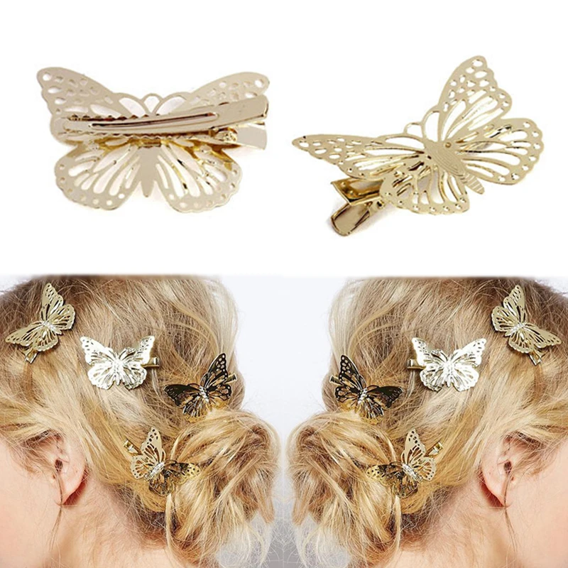 Заколка для волос с золотыми металлическими бабочками, красивый орнамент, подарок, яркие заколки с животными для женщин и девочек