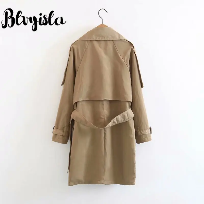 Blvyisla хаки с длинными рукавами с отворотом двубортное Epaulet ветровка пальто Женская мода тонкая талия пояса Тренч пальто Топы