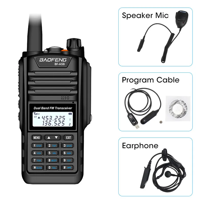 Baofeng BF-A58 Водонепроницаемый двухстороннее радио двухдиапазонный UHF VHF 5 Вт CB Ham радио ЖК-дисплей fm-трансивер 128CH сканер woki toki