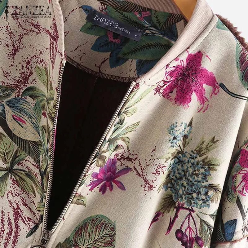 Винтажные Женские флисовые куртки с цветочным принтом, зимние теплые пальто, женская верхняя одежда с длинным рукавом, ZANZEA, толстовки с искусственным мехом, пальто