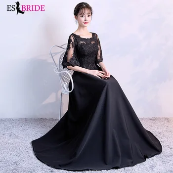 

Simple Black Evening Dresses Long Formal Elegant A-Line Tulle Short Sleeve New Wedding Guest Dress Party Gown Vestidos ES1719