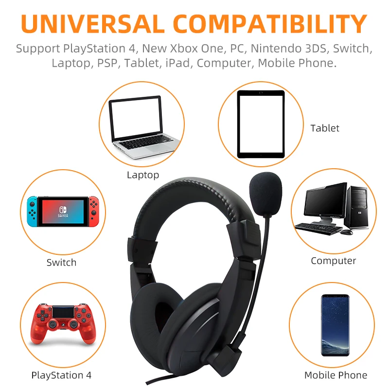 Stereo Over Ear Wired Gaming Headphone For PC Gamer Music Hifi MP3 MP4 3 5mm Audio Cable Headset For Computer Laptop Cellphone