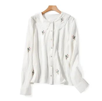 

2020 New Flower Embroidered Shirt Women Cotton Peter Pan Collar White Blouse Long Sleeve Fresh Top