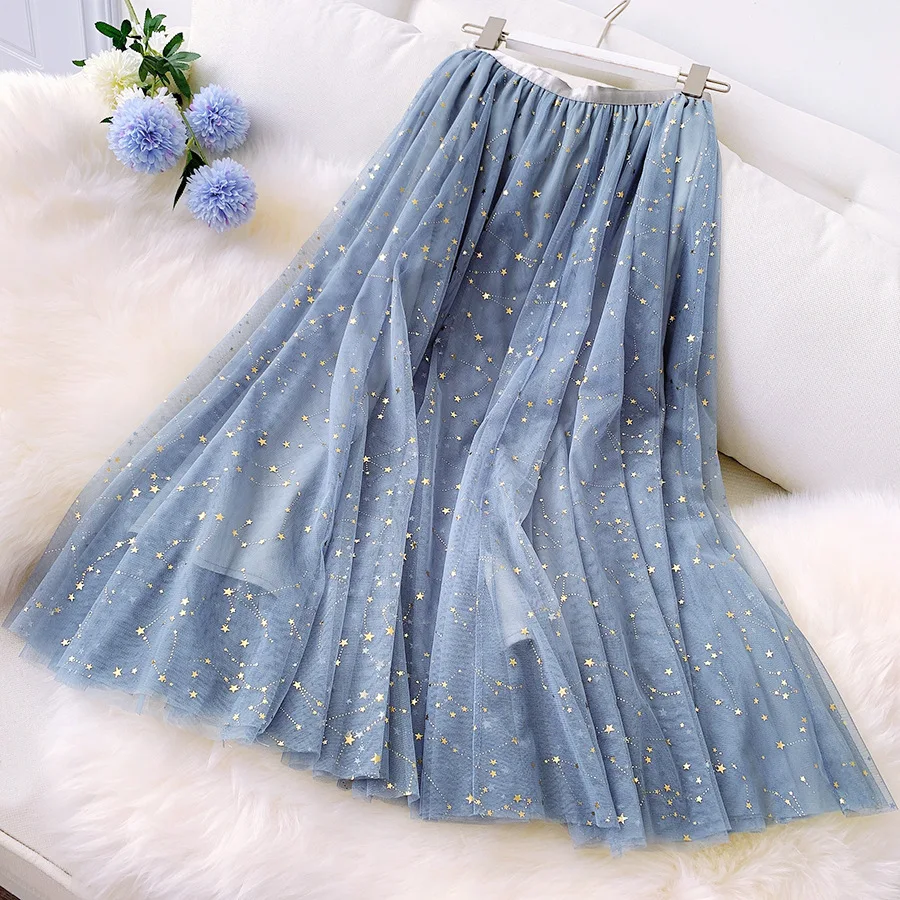 Gray blue Skirt FairyShely осень зима розовый тюль юбки женские сетки плиссированные длинные юбки для дам эластичная высокая талия Павлин юбка миди - Цвет: Gray blue Skirt