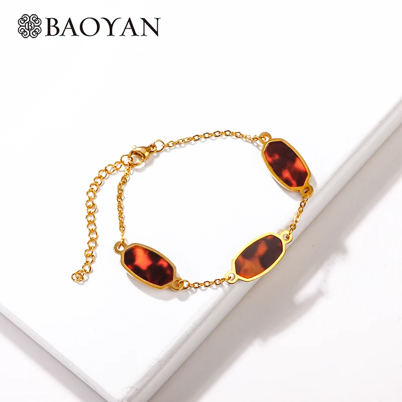 

Baoyan Oval Acrylic Leopard Tag Charm Bracelet New Fashion Extend Chain Bracelet Gold Plating Stainless Steel Bracelet For Women