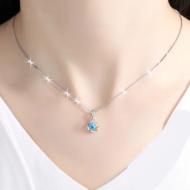 S925 Sterling Sliver Pendant Necklace Natural Blue Crystal