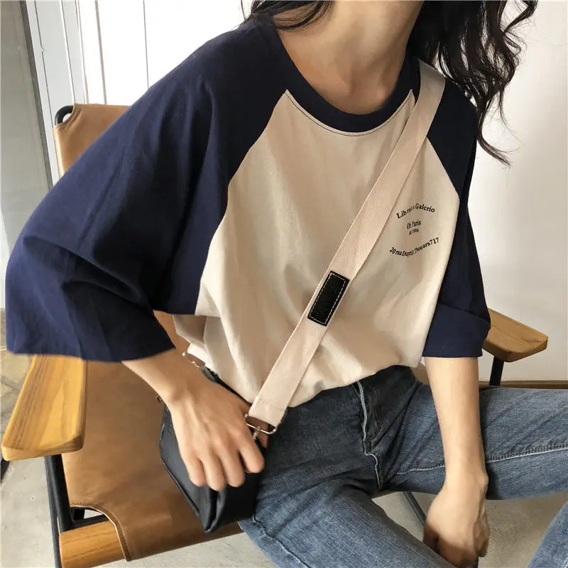 Women 5 Quarter Short Raglan Sleeve T-shirts Casual Patchwork Loose PopularO-neck Lazy Korean Style Simple Vintage584_voghion.com