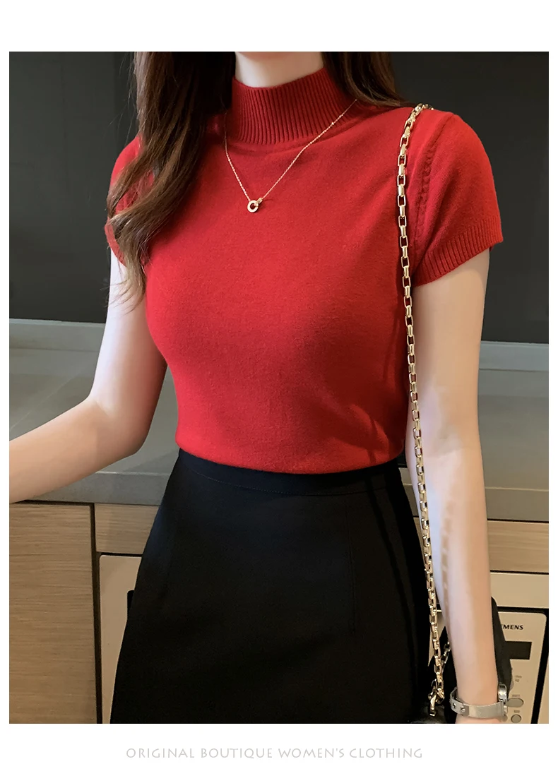 Half Turtleneck Summer Short Sleeve Korean Style Sweater Knitted Pullover Women Sweaters Basic Thin Tops Pull Femme Jumper 2022 brown sweater