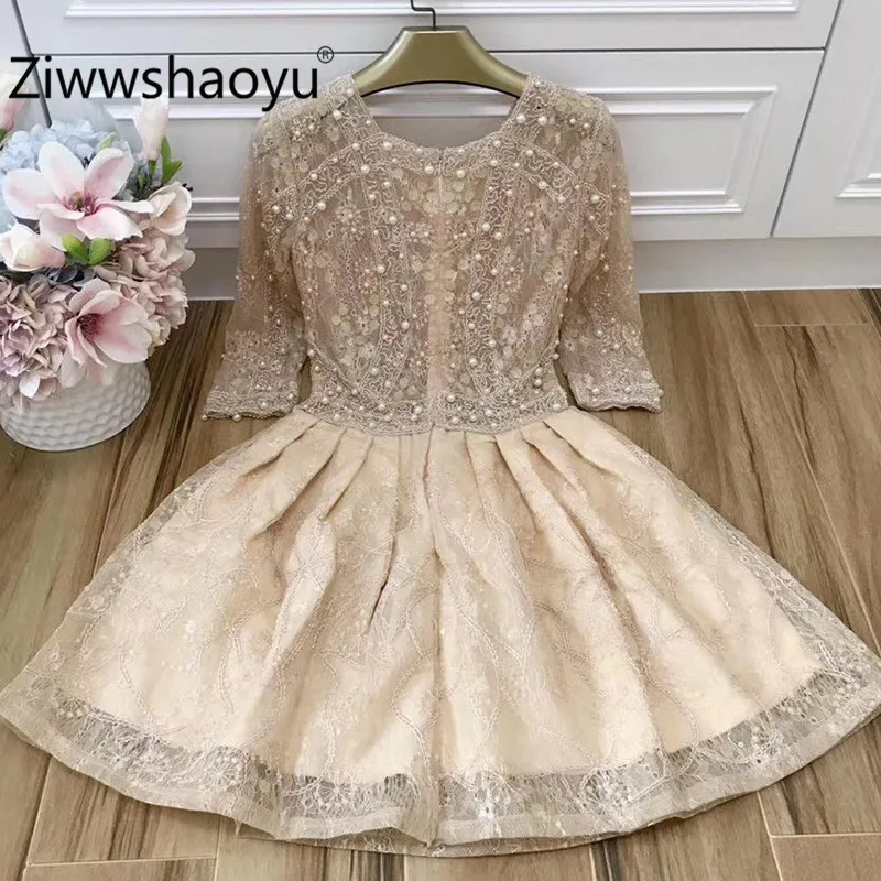 Ziwwshaoyu дизайнер для подиума Роскошные Boho мини платья Woemn короткий рукав, расшитый бисером сетки лоскутное вечерние платья