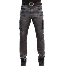 Мужские осенне-зимние штаны-карандаш из овечьей кожи с несколькими карманами, тактические штаны, Кожаные Мотоциклетные облегающие длинные брюки 36