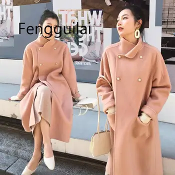 

2020 Autumn Winter Korean Version Of The New Pearl Buckle Double-sided Coat Loose Long Section Loose Woolen Coat Women Black