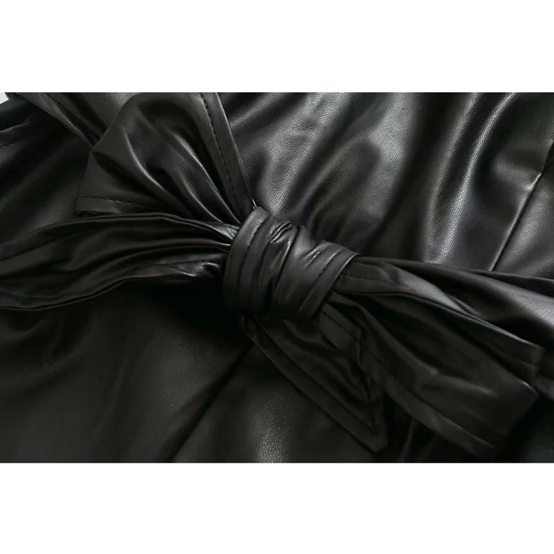 Шикарные Комбинезоны из искусственной кожи с оборками и поясом, женские модные черные комбинезоны с v-образным вырезом, элегантные женские комбинезоны без рукавов