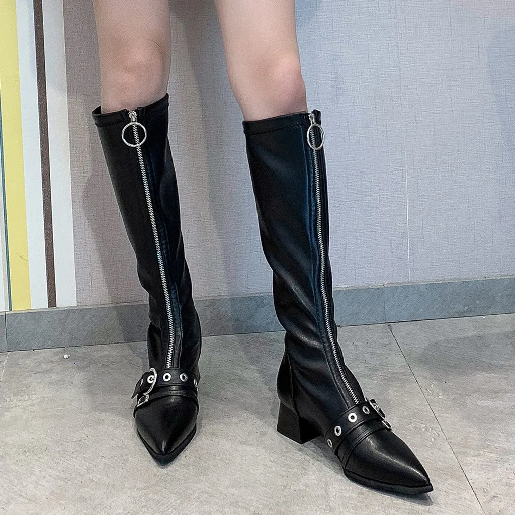 Высокие сапоги с острым носком женские модные на молнии металлической пряжкой