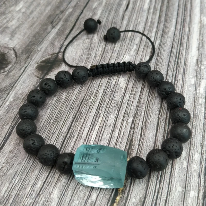 YA4042 Blue Glass Lava Stone Beads Knot Cord Bracelet Adjustable