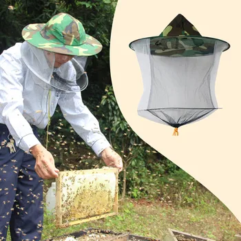 

Polyester Beekeeper Face Protector Hat Cowboy Style Beekeeping Guard Mesh Net Cap with Dual Metal Rings Camouflage Beekeeper Hat