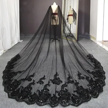 

Real Photos Black Long Wedding Boleros Bling Sequins Lace Cathedral Bridal Cape Bolero Mariage Wedding Accessories