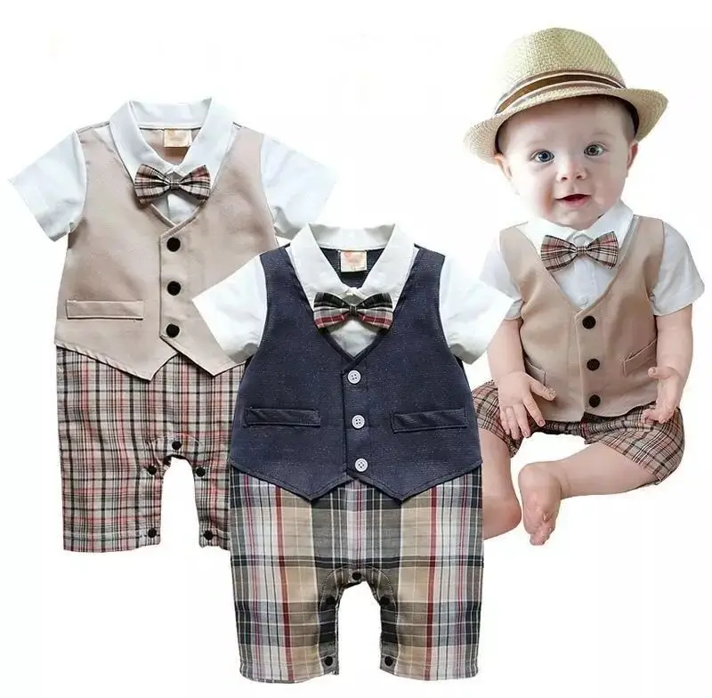 Newborn Kid Baby Boy Infant Outfits Set Child Gentleman Plaid Jumpsuit Bodysuit | Мать и ребенок