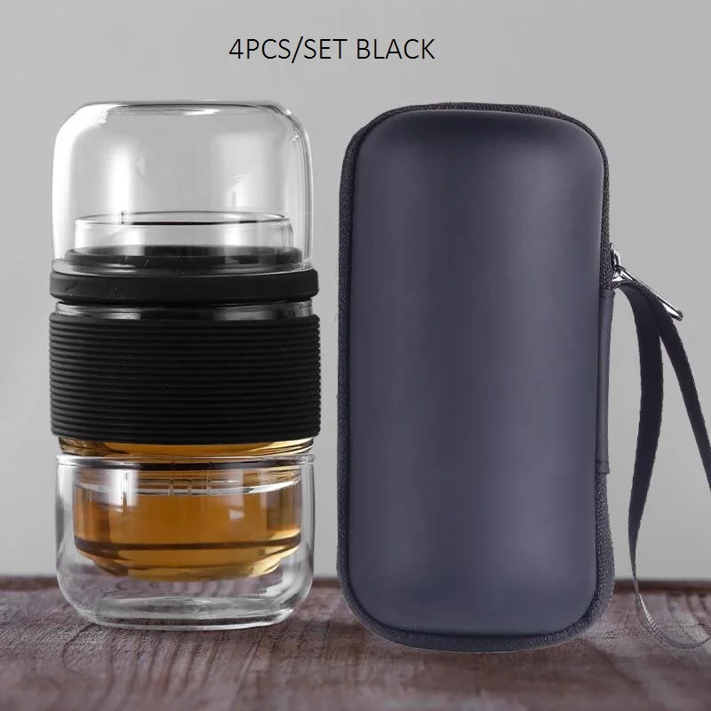 Портативный стеклянный чайный набор для путешествий, фильтр для чайной чашки, набор для деловой поездки, деловой подарок, здоровый стеклянный открытый чайный набор - Цвет: BLACK 4PCS