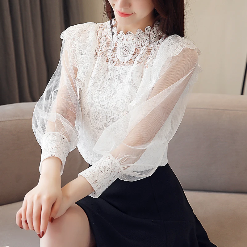  Womens tops and blouses 2019 ladies tops chiffon lace white pink shirts long sleve blusas femininas