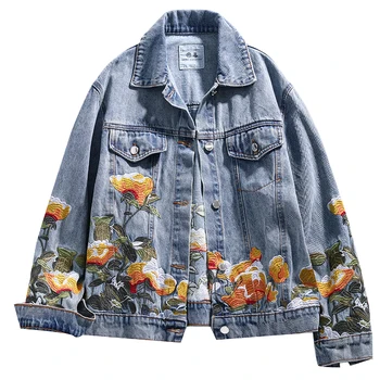 

2020 Spring Autumn New Embroidered Flower Jeans Jacket Women Loose Short Coat Denim Jacket Vintage Casual Outerwear Womens Q1386