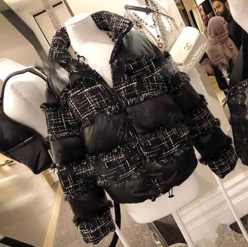 Женская зимняя пуховая хлопковая куртка, парка, водолазка, теплое пуховое пальто, модные твидовые стеганые куртки для девушек p314