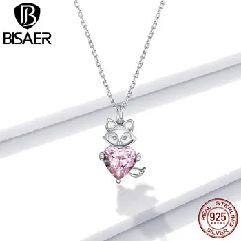 

BISAER Animal Little Fox Necklace 925 Sterling Silver Pink Heart Zircon Long Chain Link For Women Wedding Jewelry EFN179