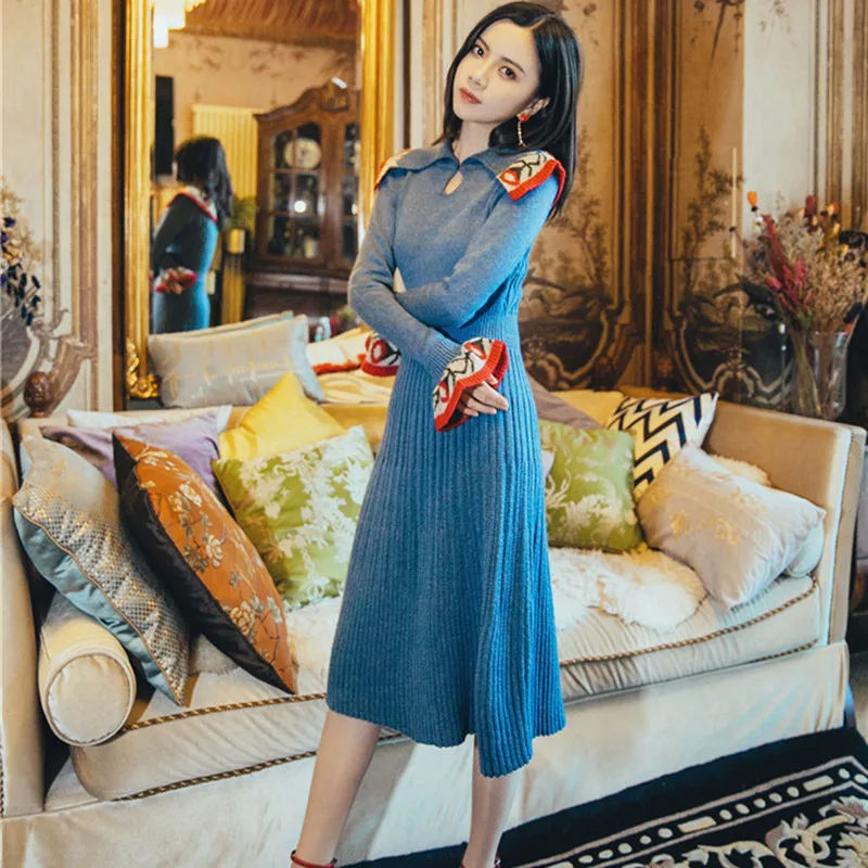 blue SWEETXUE вязаное длинное платье для женщин с длинным рукавом осень зима сексуальное облегающее платье-свитер с отворотом с расклешенными рукавами Клубные вечерние платья - Цвет: blue