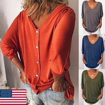 

Plus Size Women Summer Back Loose Casual Tee Tunic Tops Long Sleeve Tunic Holiday Ladies Baggy V Neck T-Shirt Button