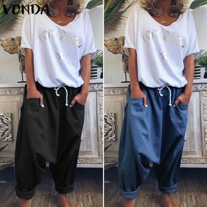 VONDA шаровары Для женщин джинсовые однотонные Цвет повседневные штаны плюс Размеры широкие брюки для девочек в богемном стиле