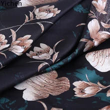 Винтажная эластичная шелковая атласная ткань с цветочным принтом, 93% натуральный шелк, 7% спандекс, материал для платья, высокое качество