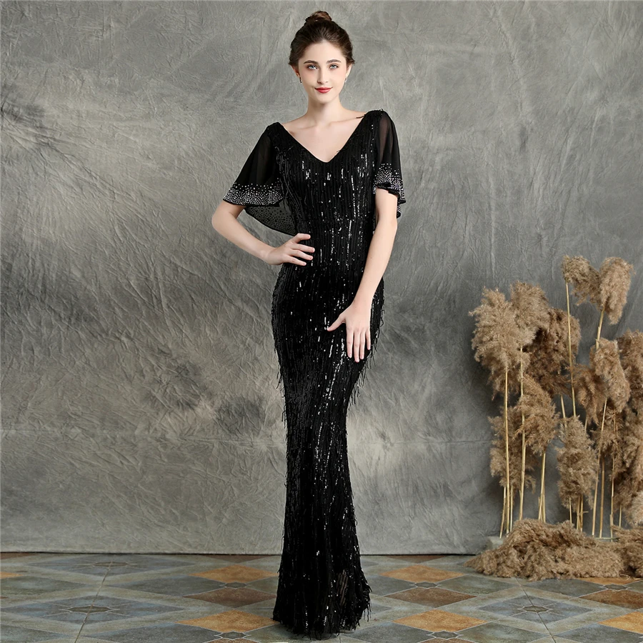 Черный Вечернее платье размера плюс бордовое с коротким рукавом Robe De Soiree с открытой спиной женское вечернее платье DX258-3 с кисточками и блестками - Цвет: Черный