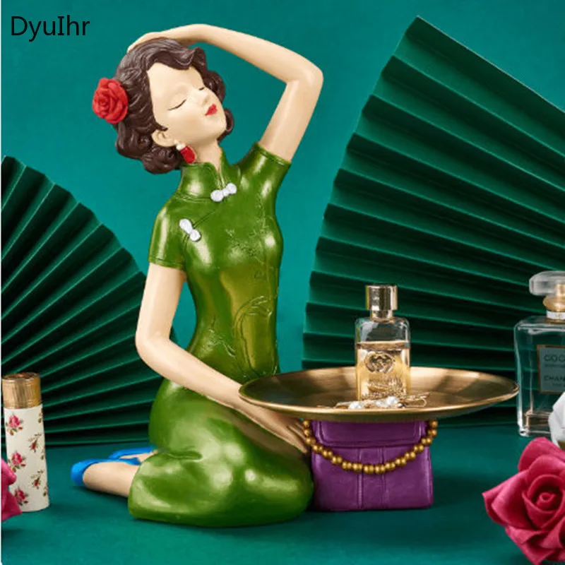

DyuIhr Chinese retro style cheongsam girl key storage tray decoration resin crafts home decoration living room desktop storage