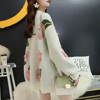 

Sweaters 2019 Winter Autumn Women Soft Sweaters Flowers Appliques Balls Cardigans Loose Pullovers Casual Warm Sweaters NS558