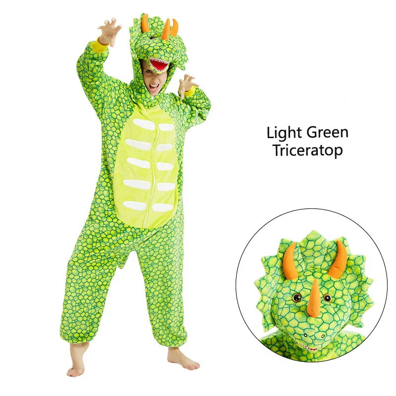 Kigurumi Пижама для взрослых животных Единорог динозавр Onesie женские и мужские для мальчиков и девочек пара зимний Пижамный костюм, Ночная Рубашка Фланелевая Пижама - Цвет: LightGreenTriceratop