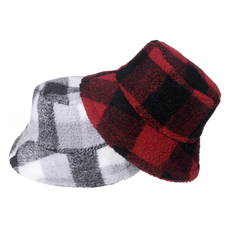 FOXMOTHER Fashion Outdoor Bob Warm Lamb Faux Fur Fluffy Fishing Caps Mens Women Winter Check Tartan Plaid Bucket Hats Ladies 6